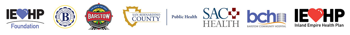 A collage of partner logos including IEHP Foundation, Barstow Community College, and others.