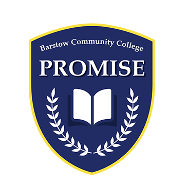 Barstow Community College PROMISE program logo, a blue shield with an open book and laurels
