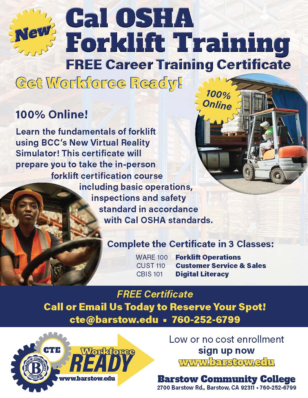 Cal OSHA Forklift Training Career Training Certificate Barstow 