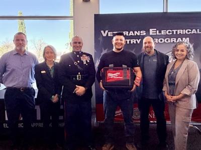 Pictured: Timothy Auman (IBEW 477), Superintendent-President Dr. Eva Bagg (BCC), Col. Russell W. Savatt (MCLB Barstow), Robert Munoz Macias, (VEEP Graduate), Jon Rowe (IEETC), Dr. Laura Alvarado (BCC)