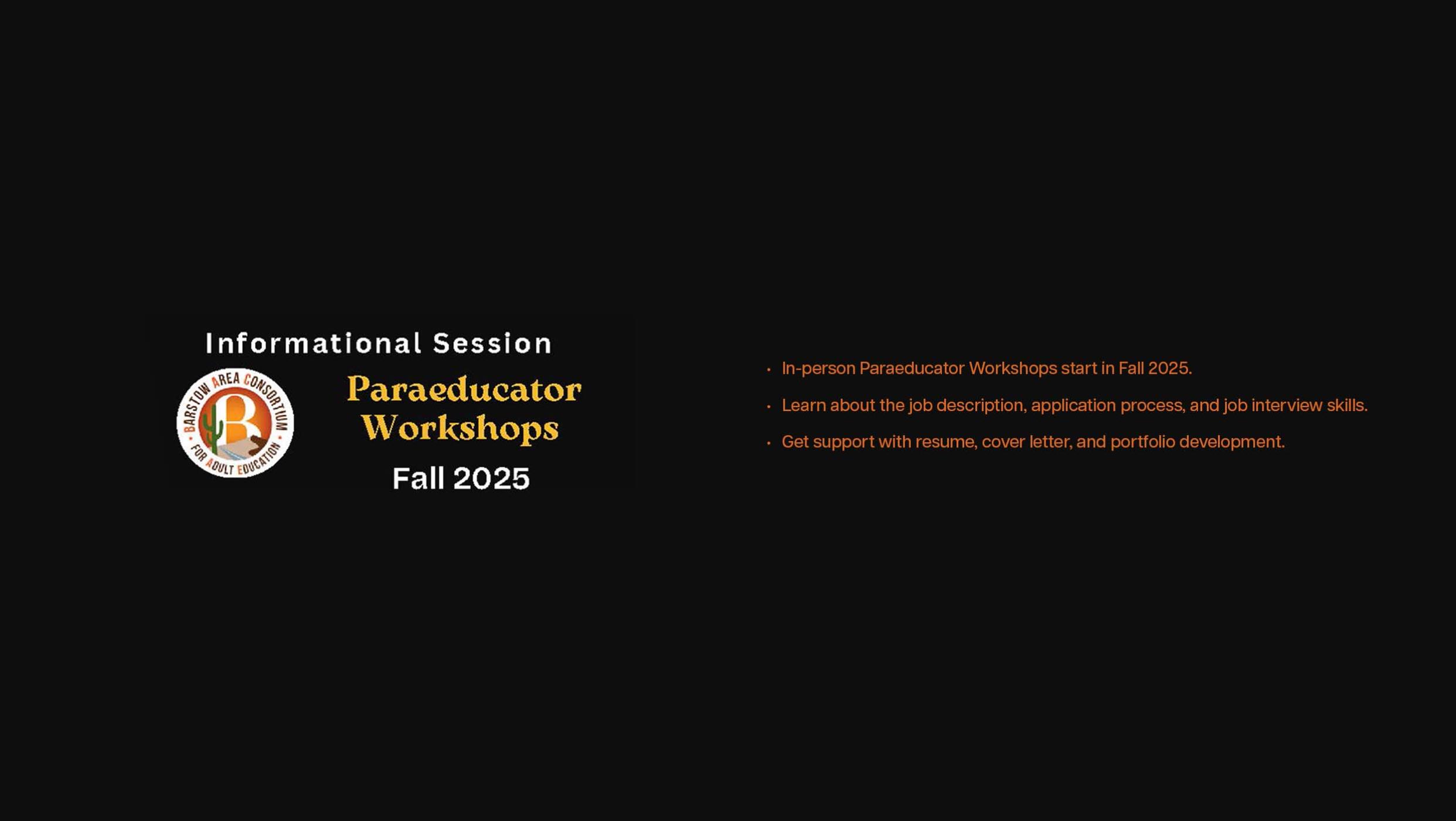 Informational graphic for Fall 2025 Paraeducator Workshops with a logo and session details.