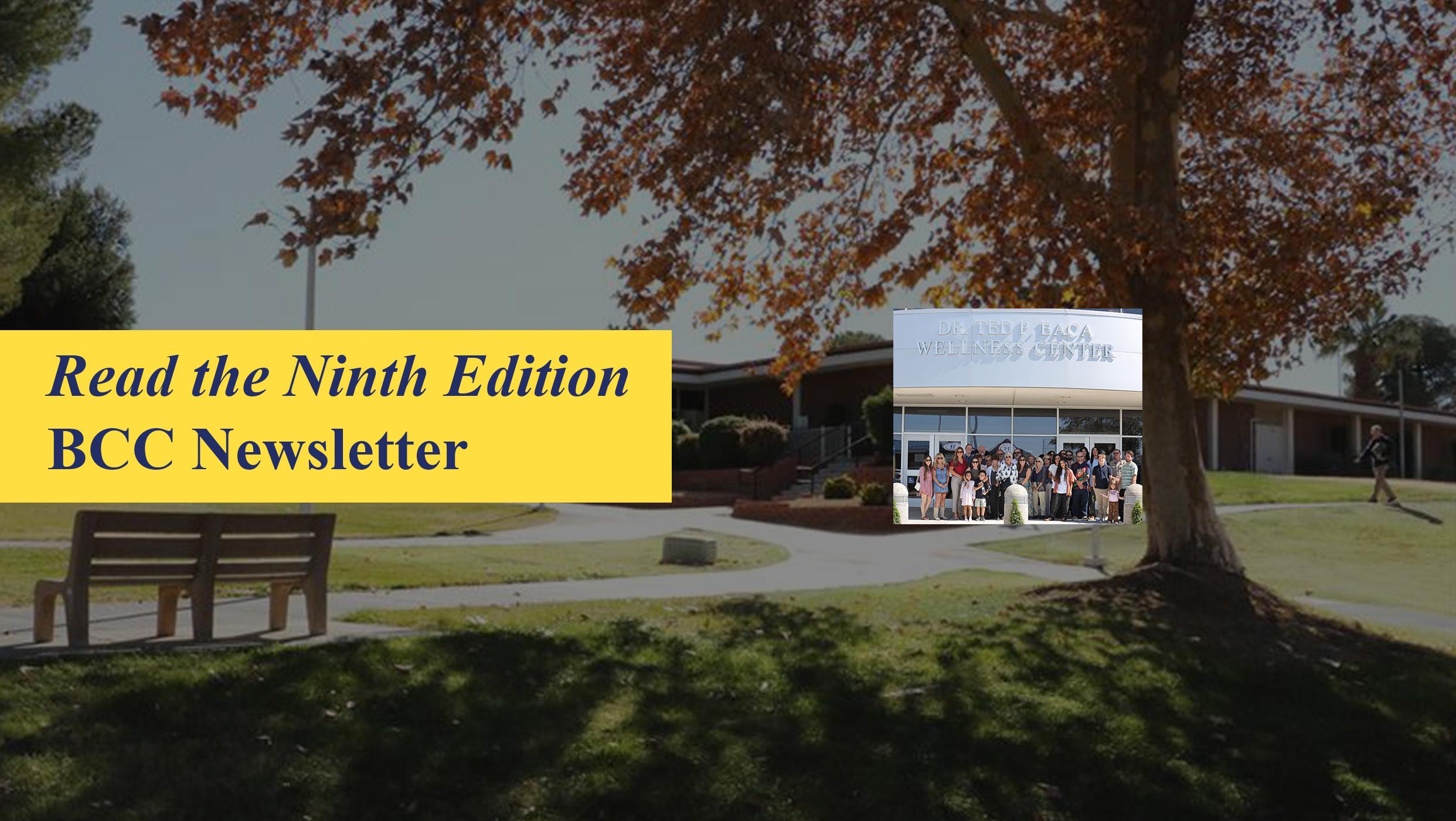 The BCC campus in autumn, with a yellow box reading "Read the Ninth Edition BCC Newsletter."