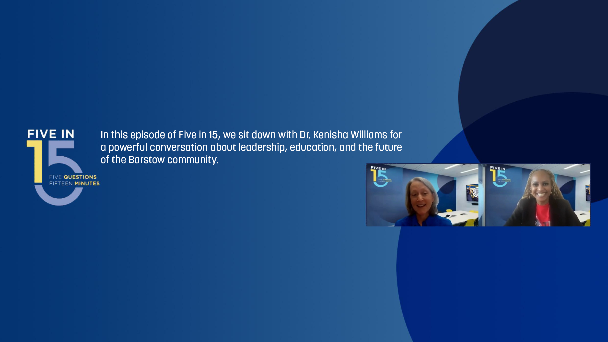 Graphic for the "Five in 15" series with two women speakers in video call windows.