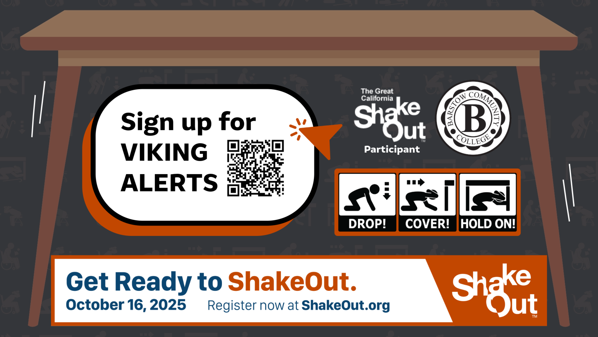 Great ShakeOut earthquake drill graphic for Oct 16, 2025, with Drop, Cover, and Hold On steps.