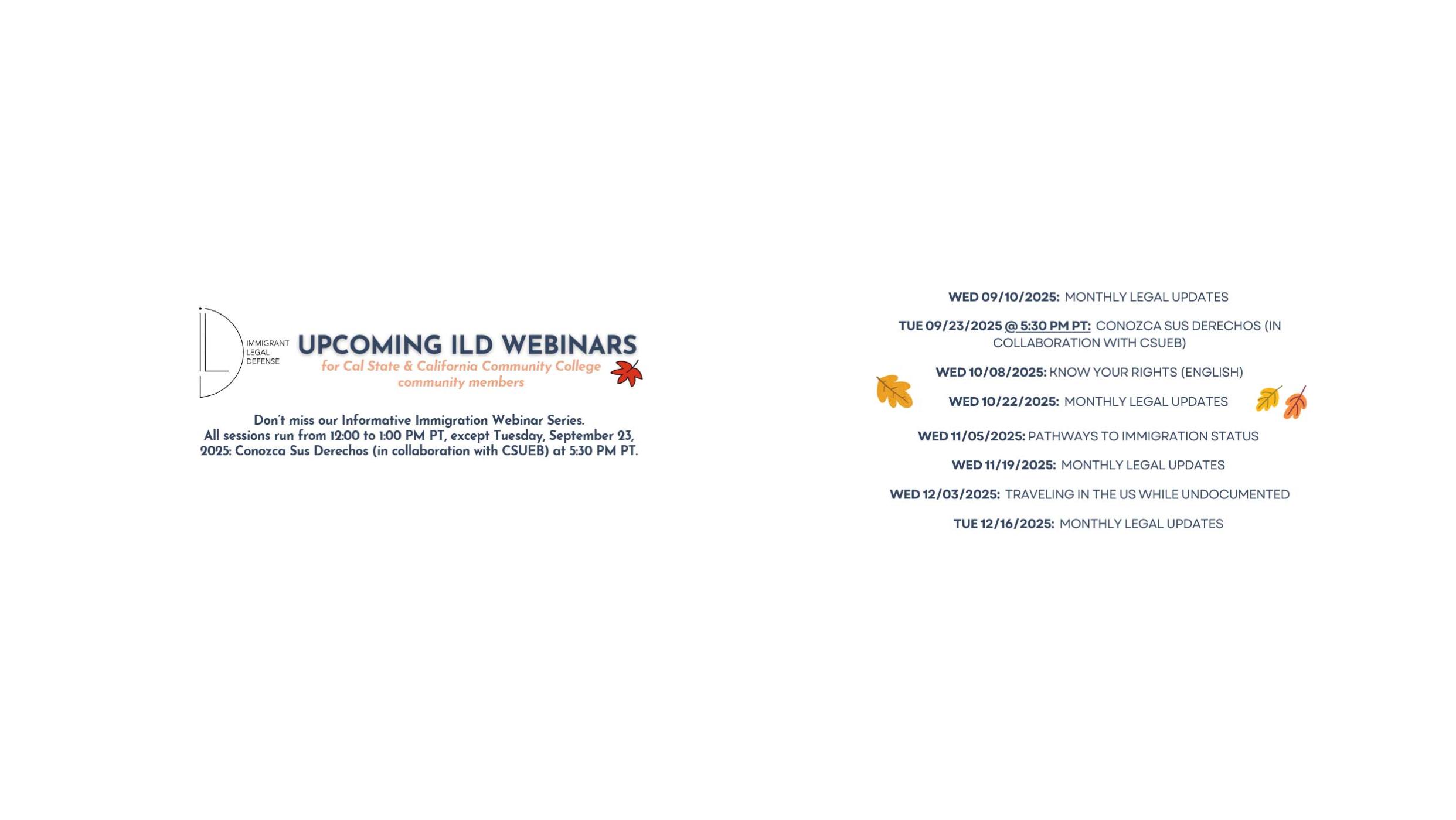 A schedule of upcoming ILO webinars with dates and topics from September 2023 to February 2024.