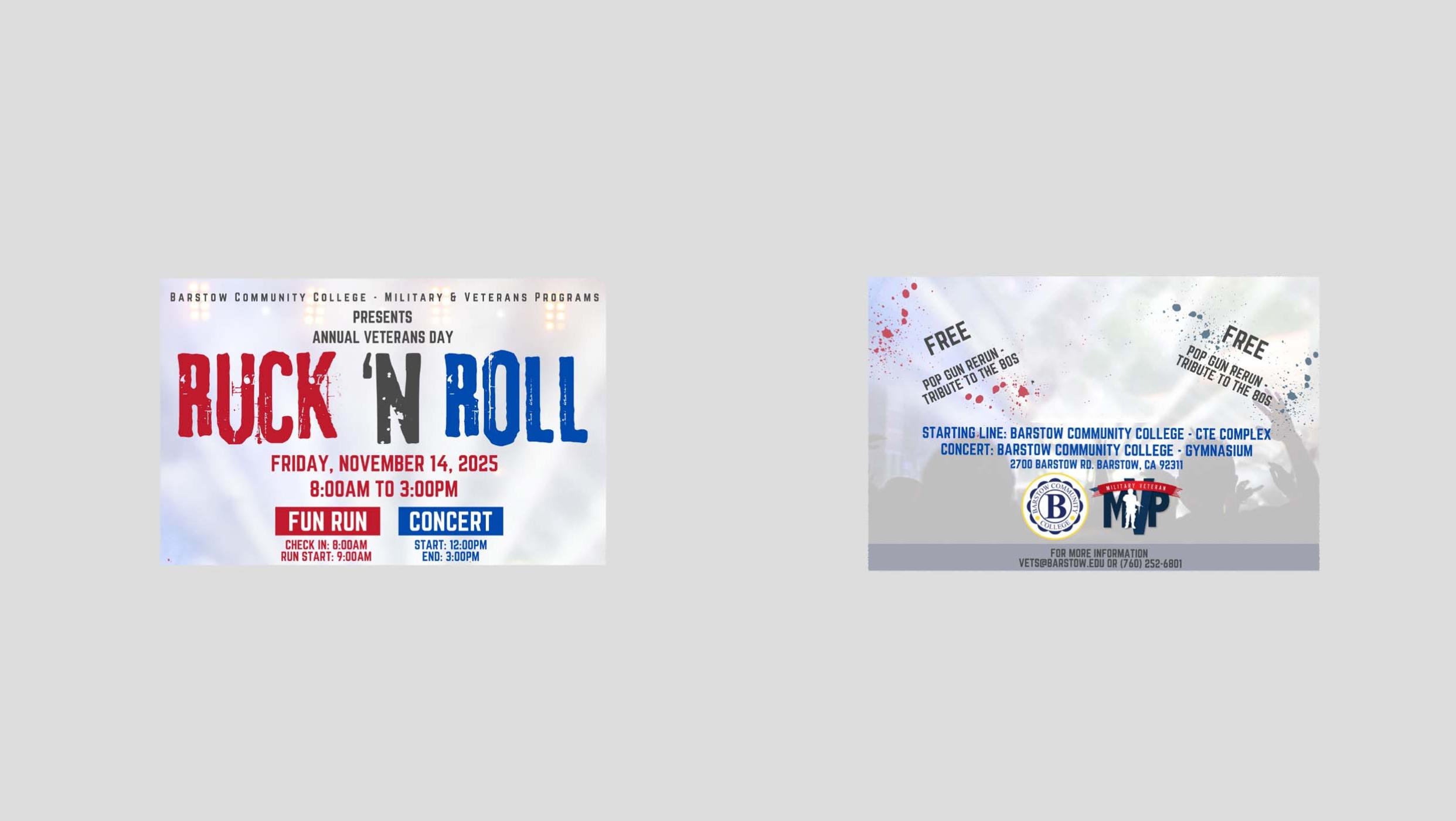 Two promotional flyers for military simulation events, with the left one titled "Ruck 'N Roll".