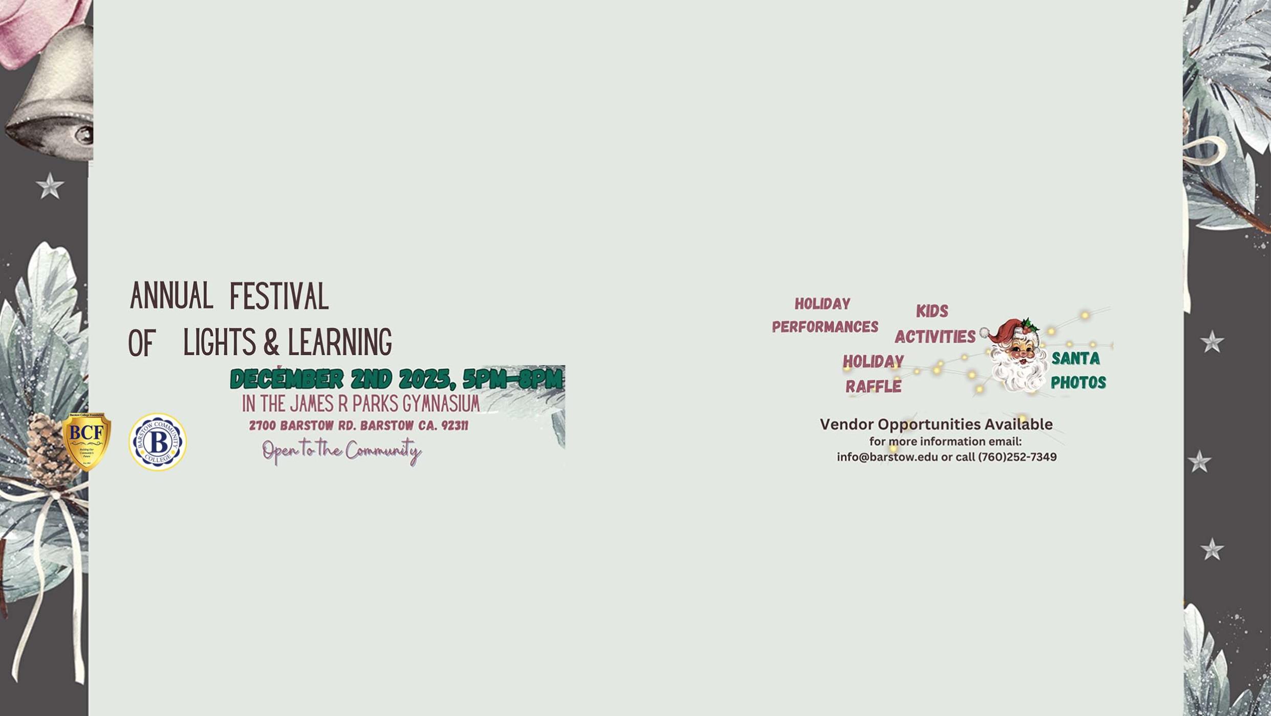 Poster for the Annual Festival of Lights & Learning at SLU, Dec 2, with performances & games.