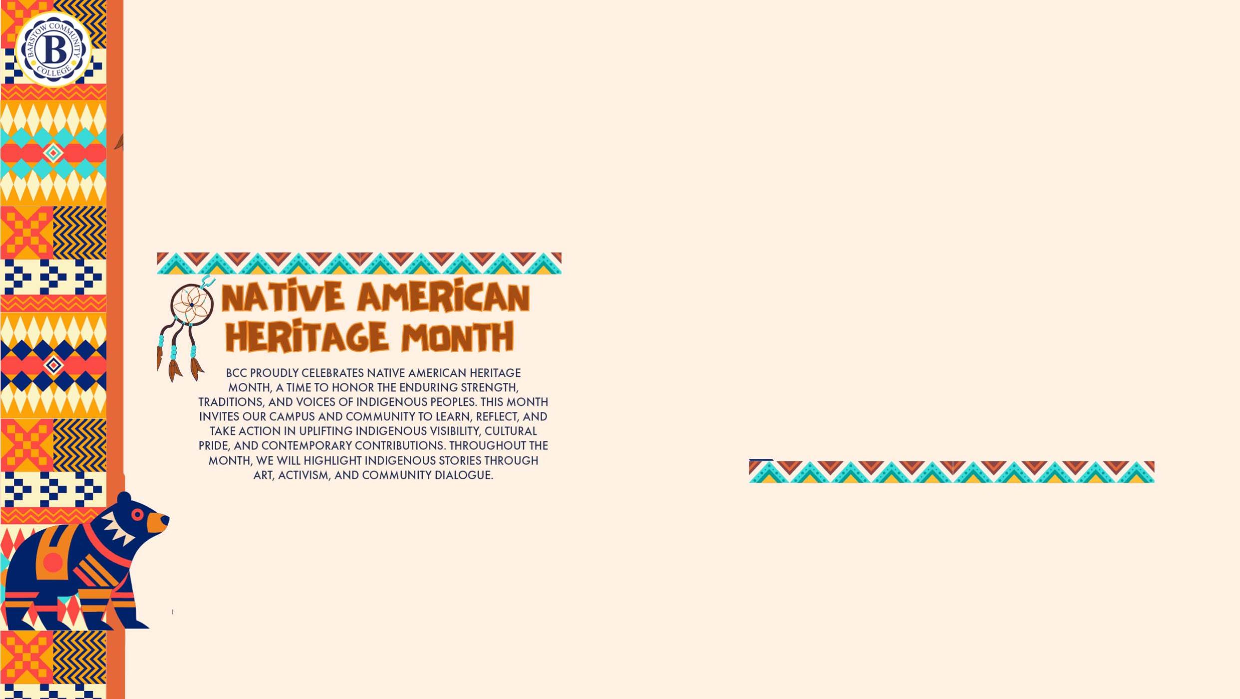A graphic for Native American Heritage Month with a colorful, patterned border and illustrations.