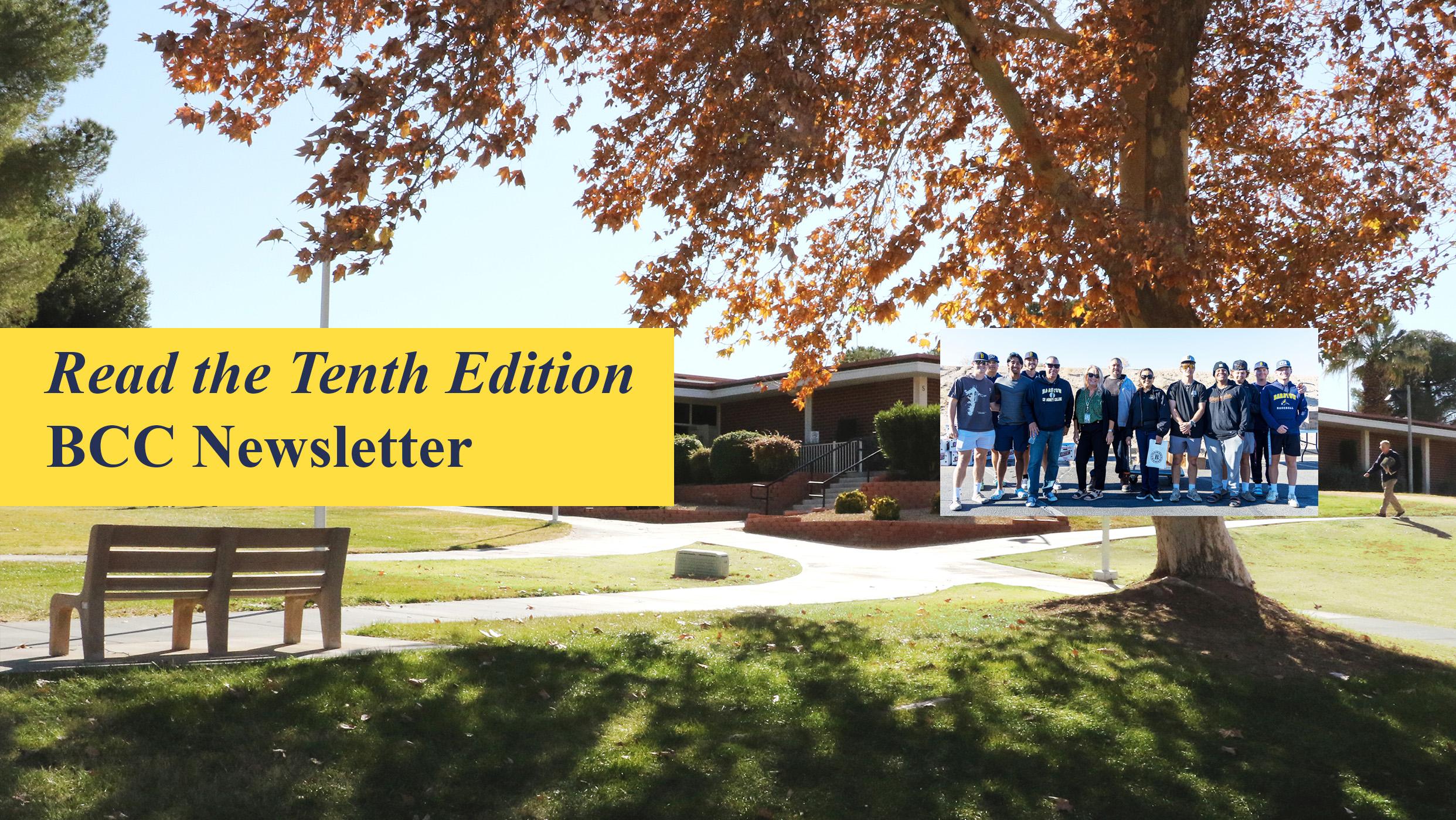An autumnal campus scene with a text overlay: Read the Tenth Edition BCC Newsletter.