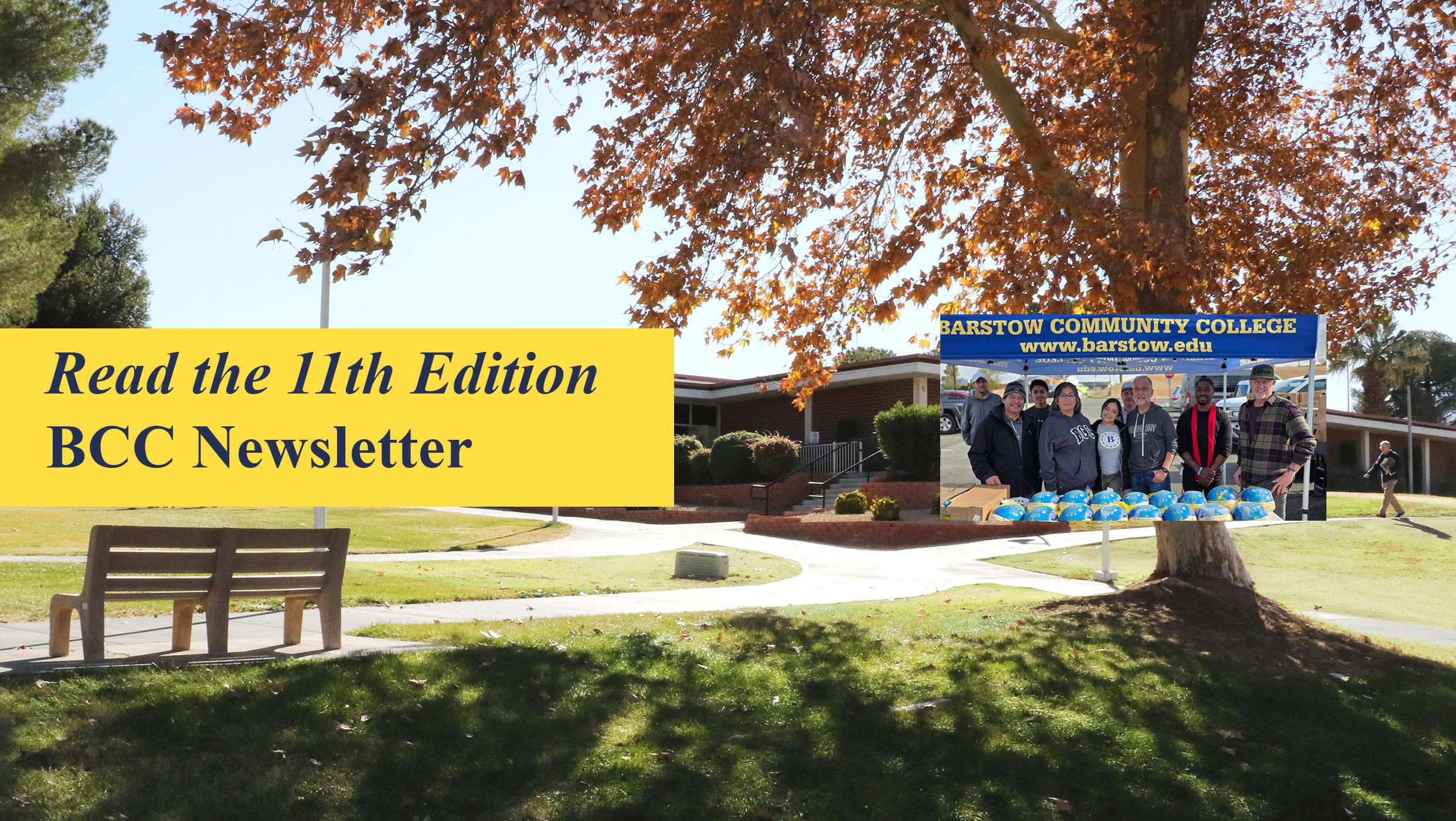 Autumn campus scene with text for the 11th BCC Newsletter and a photo of the college community.