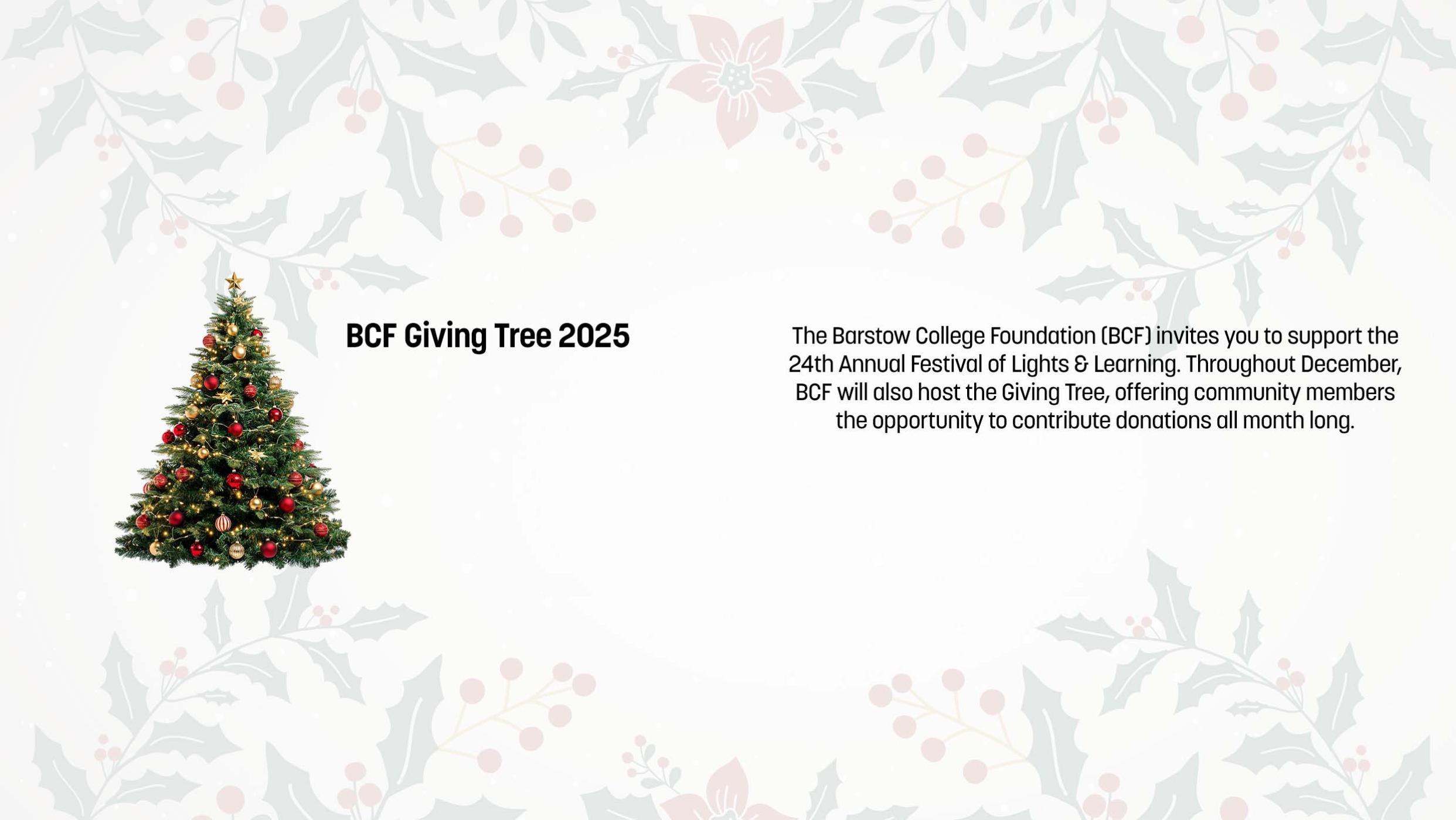 A decorated Christmas tree next to text for the ACF Giving Tree 2025.