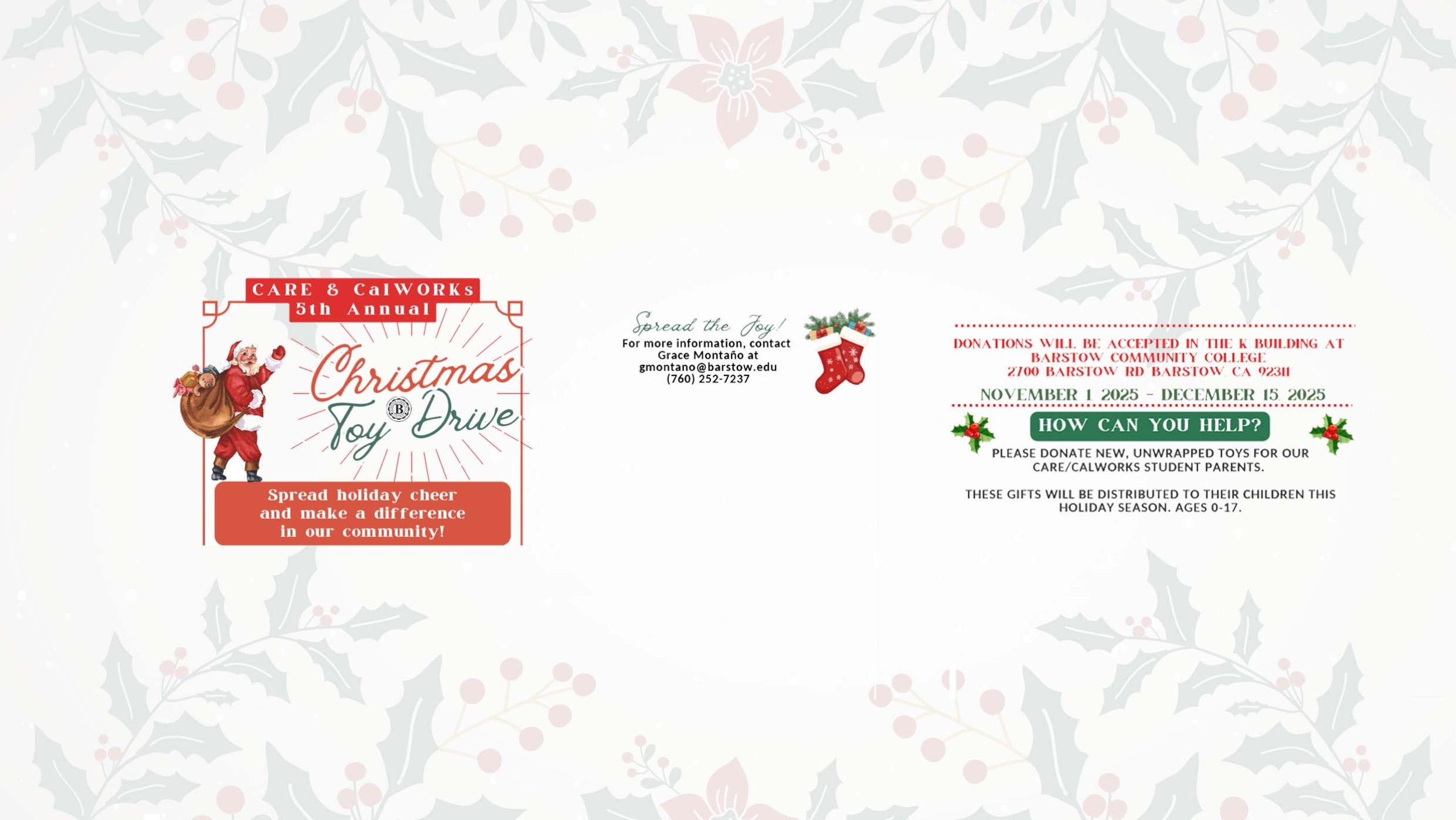 A Christmas Toy Drive flyer with an illustration of Santa Claus and event details.
