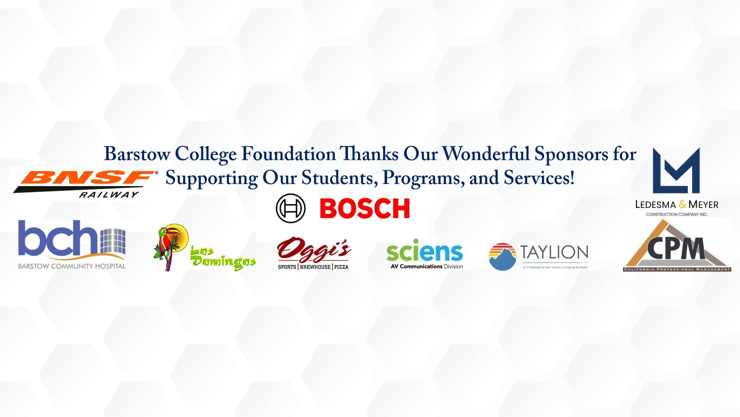 Banner with a golf ball print including different logos of people/businesses that have sponsored the 2026 Barstow College Foundation Golf Tournament.