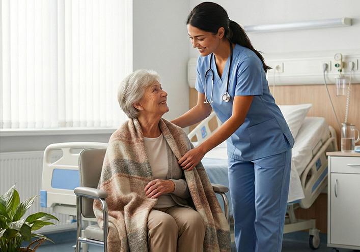 A nurse helping a patient.