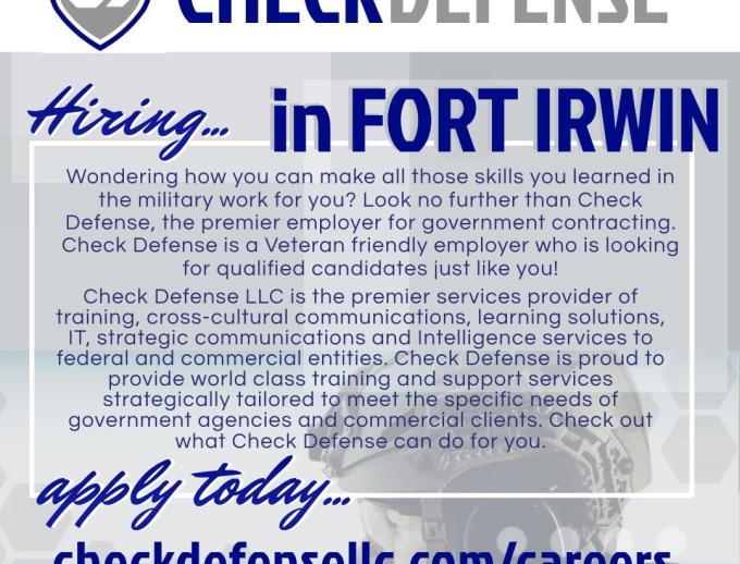 Check Defense in Fort Irwin is Now Hiring, Multiple Openings