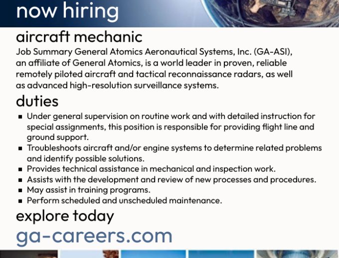 General Atomics is Now Hiring in Adelanto (Aircraft Mechanic and more)